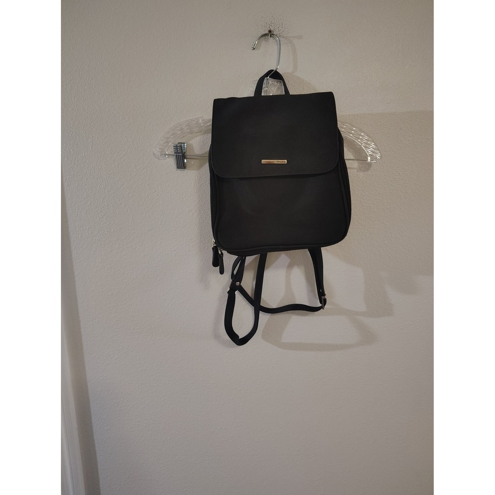 Black Faux Leather Mini Backpack Gold Tone Logo Plate Adjustable Straps Bag